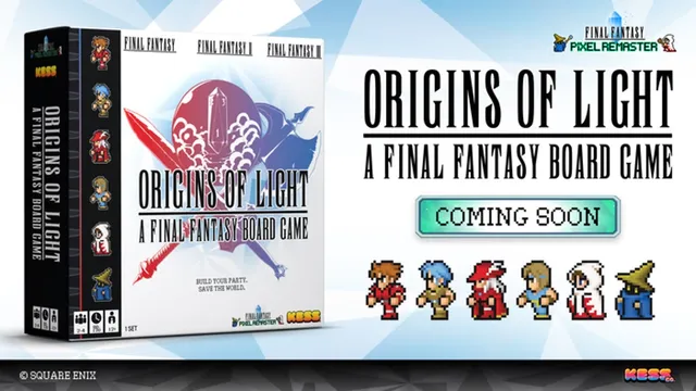 Box cover for Origins of Light: A Final Fantasy Board Game showing a stylized sword and shield on a purple/blue background. Title reads "Origins of Light" with subtitle "A Final Fantasy Board Game." Below, pixel-art characters from Final Fantasy stand in a row. Text: "COMING SOON" on a green button.