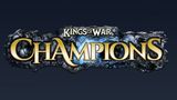 The image features the logo for "Kings of War: Champions," prominently displayed in a bold, stylized font. The word "Champions" is highlighted in a bright yellow color, contrasting against a dark, rocky background that adds a sense of depth and texture. The logo includes the trademark symbol for "Kings of War," indicating its connection to the established game series.