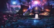 Futuristic fantasy ruin with crumbling towers, glowing runes, and lightning strikes. Stormy sky over dark water with a sunken ship and skeletal remains. Ancient archway emits golden light.