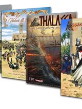 A collection of four wargaming rule booklets is displayed, showcasing their colorful covers. From left to right, the titles include "Never Mind the Matchlocks," featuring a knight and soldiers, "Valour & Fortitude," depicting a large battle scene, "Thalassa," illustrating an ancient naval battle with a ship, and "Assassins and Templars," which features characters in a historical setting. Each booklet is designed to cater to different gaming themes, from the English Civil War to Napoleonic battles and ancient naval warfare.