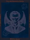 A stylized illustration of a vampire with prominent fangs and bat-like wings is centered against a dark blue background. The vampire has a serious expression, dressed in a formal suit, and is flanked by gaming elements like a twenty-sided die and a pair of dice, suggesting a tabletop gaming theme. Text on the left and right sides highlights "8 Game Masters" and "6 Hours of Terror," emphasizing the event's focus on role-playing games.