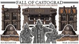A collection of detailed 3D printable miniatures and terrain pieces from the "Fall of Castograd" Kickstarter campaign. The image features several miniatures, including spiky, armored figures wielding weapons, alongside various structures such as a fortified building and a landing platform, all designed in a grimdark aesthetic. The text "FALL OF CASTOGRAD 3D PRINTABLE TERRAIN AND MINIS" is prominently displayed at the top, emphasizing the campaign's focus on both miniatures and scenery.