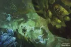 Glowing green cave with shadowy figures and twisted vines