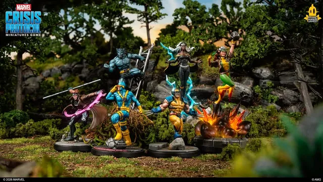 A dynamic scene features several miniatures from the Marvel Crisis Protocol Miniatures Game, showcasing iconic X-Men characters. Cyclops stands prominently in the center, flanked by Wolverine, Storm, Rogue, Gambit, and Beast, each in action poses with vibrant details. The backdrop includes lush greenery and rocky terrain, enhancing the adventurous atmosphere of the scene.