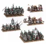 A detailed display of a Grand Cathay army features a variety of miniatures, including 30 Jade Warriors in ornate armor, equipped with hand weapons and shields or halberds, arranged in multiple units. The scene also showcases 10 Jade Lancer cavalry, two Cathayan Grand Cannons, and accompanying artillery crews, all set against a grassy base. Prominent banners and intricate details on the miniatures highlight the rich aesthetic of this new army.