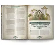 Open book showing text and an illustration of a building with towers, titled "Akelius' Menagerie and Curiosities".