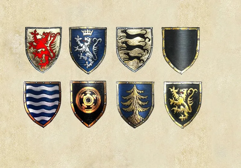 Eight heraldic shields arranged in two rows of four. Top row, left to right: a red lion rampant on gold; a silver lion rampant on blue beneath a gold crown; two black lions passant on gold; a plain black shield with a gold border. Bottom row, left to right: blue and white wavy bars on a gold-bordered shield; a gold circular emblem on a black shield with a gold border; a gold tree on a blue shield with a gold border; a gold lion rampant on a black shield with a gold border.