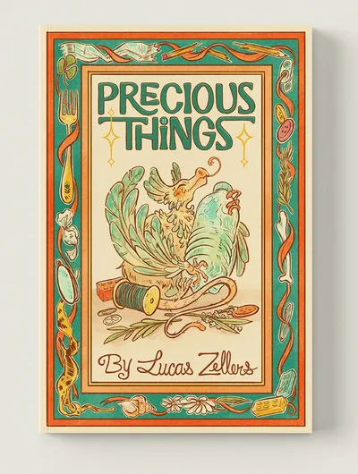 The cover of "Precious Things" features a whimsical illustration of two small dragons nestled together, surrounded by various mundane objects like buttons, a spool of thread, and dried flowers. The title "PRECIOUS THINGS" is prominently displayed at the top in a playful font, with decorative elements framing the image. The overall color palette includes warm tones of green, orange, and cream, creating a cozy and inviting aesthetic.