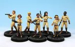Five miniatures in beige uniforms with guns on black bases against a blue background.