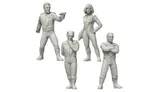 The image features four sci-fi miniatures from Crooked Dice Design Studio, showcasing a group of Galactic Explorers. Each figure is intricately designed, with two male characters and two female characters, all posed in dynamic stances. One male figure holds a weapon, while another appears contemplative, and the female characters exhibit confident postures. The miniatures are presented in a light gray color, highlighting their detailed features and attire.