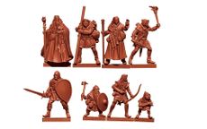 A collection of eight fantasy miniatures is displayed, sculpted in a reddish-brown material. The figures include a male wizard with a staff, a male cleric, a male fighter, a male half-elf thief, a male elf ranger, a male halfling thief, and a male human henchman, all depicted in dynamic poses. Each miniature is designed to be 28mm in scale, showcasing a variety of armor and weapons, suitable for a typical fantasy RPG party.