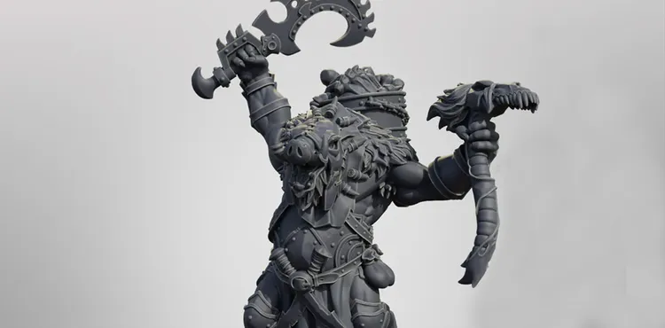 A muscular, anthropomorphic pig warrior, Midas, is depicted in a dynamic pose, raising a large, curved weapon in one hand while holding a severed animal head in the other. He is adorned with armor and accessories that emphasize his fierce and battle-ready nature, including a mane of fur and a belt with various pouches. The figure is rendered in a gray material, showcasing intricate details of his armor and facial features, set against a plain background.