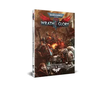 A physical edition of "Warhammer 40,000: Wrath & Glory, Threat Assessment: Daemons & Heretics" is displayed, featuring a striking cover illustration. The artwork depicts various Chaos forces, including armored figures and menacing creatures, set against a dark, chaotic background. The title is prominently featured at the top, with the subtitle "Threat Assessment: Daemons & Heretics" displayed at the bottom, emphasizing the book's focus on the forces of Chaos in the Warhammer 40,000 universe.