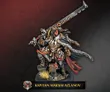 Kapitan Maksim Azlanov stands prominently, wielding a large, intricately designed sword with a decorative hilt. He is clad in dark, rugged armor adorned with various details, including a fur-lined cape and numerous pouches. At his feet, a small, fierce-looking wolf companion adds to his imposing presence, while the background features a dark, textured surface that enhances the character's menacing aura. The name "KAPITAN MAKSIM AZLANOV" is displayed prominently at the bottom.