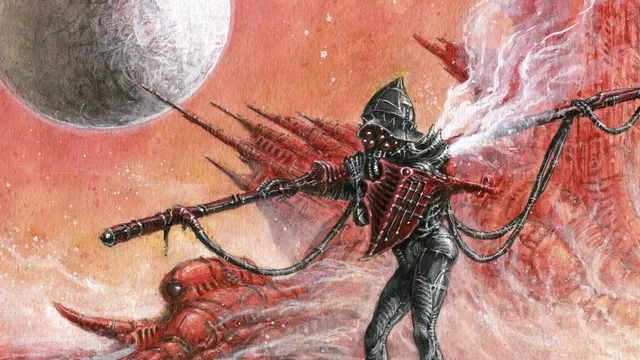 A humanoid figure in a dark, armored suit stands prominently against a fiery red and orange background, suggesting a hostile alien landscape. The figure wields a large, intricate weapon, with cables extending from its body, and has a helmet that features a menacing design. In the background, shadowy shapes of spacecraft and structures can be seen, adding to the otherworldly atmosphere.