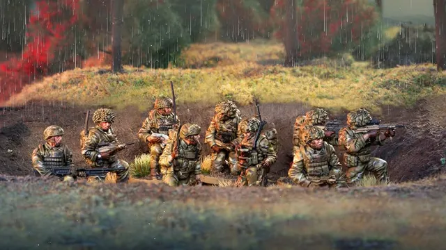 A group of six British army miniatures is depicted in a natural setting, with a backdrop of greenery and a hint of rain. The soldiers are dressed in modern camouflage uniforms and equipped with various weapons, including rifles and gear typical of contemporary military operations. They are positioned in a tactical formation, some seated and others standing, showcasing a range of unique sculpts that highlight their individual poses and details.
