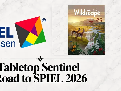A geometric logo with the text "SPIEL Essen" in blue. Beside it, a game card titled "Wildscape" showing a landscape with two deer and a sunset. Below, the text reads "Tabletop Sentinel Road to SPIEL 2026."