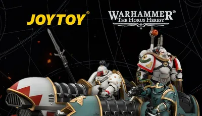 Two jetbikes with armored riders, "JOYTOY" and "Warhammer The Horus Heresy" text, "NEW JOYTOY PREORDERS WHITE SCARS & SONS OF HORUS ARRIVE"
