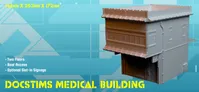 A two-story building designed for tabletop gaming, featuring a detailed facade with a roof overhang and an accessible roof area. The structure includes optional slot-in signage for customization. The dimensions are 144mm x 263mm x 172mm, showcasing a cyberpunk aesthetic suitable for 28mm-35mm scale miniatures.