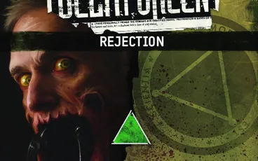Man with yellow eyes, black headband, text "REJECTION" and green triangle.