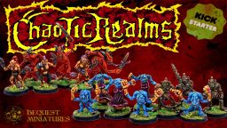 A collection of 15 detailed miniatures from the BeQuest Miniatures range titled "Chaotic Realms Demons," featuring various demons and demonettes representing Change, Plague, Blood, and Lust. The miniatures are painted in vibrant colors, showcasing dynamic poses and intricate designs, set against a fiery red background with the title "Chaotic Realms" prominently displayed at the top. The BeQuest Miniatures logo is visible in the lower corner, emphasizing the brand.