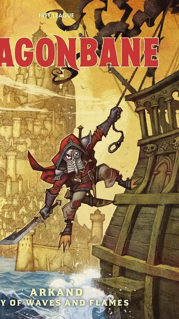 Armored figure leaping from a ship, city and text "ARKAND CITY OF WAVES AND FLAMES" below.