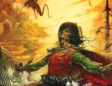 Skeletal figure in red coat and green cape, fiery sky, text "The Dying Earth"