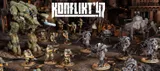 A dynamic scene from Konflikt '47 features a variety of detailed miniatures set in a war-torn environment. In the foreground, U.S. Airborne soldiers in green uniforms wield weapons, while Axis soldiers in heavy armor and distinctive designs stand ready for battle. The backdrop includes ruined structures and scattered debris, enhancing the atmosphere of this alternate history conflict. The title "KONFLIKT '47" is prominently displayed at the top.