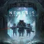 Three figures in futuristic space suits and helmets walk through a dimly lit, industrial corridor with exposed pipes and wiring. Each holds a large firearm. The central figure is slightly ahead, aiming their weapon forward. A red laser sight is visible. The background features a large archway with glowing blue and purple lighting. Above them, the text "NEMESIS RETALIATION" is prominently displayed in white capital letters. In the bottom right corner, the Awaken Realms logo is visible.