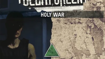 A person in dark clothing holding a firearm, with a blurred face. The background features a textured, worn wall with a green triangular symbol. Above the person, the text "HOLY WAR" is visible. At the top of the image, partially obscured text includes "DELTA GREEN".
