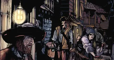 Dark alley at night with cobblestone street. Four characters: pirate with wide-brimmed hat and beard, pirate with tricorn hat, woman in lace dress with bonnet, and another woman in cloak. Lanterns illuminate the scene. Text reads: "Pirate Adventures."