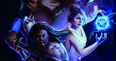 Fantasy heroes in dark setting, glowing orb, sword, owl-like creature, masked figure.