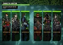 Five armored mercenaries in tactical gear stand side by side against a dark, green-lit background. Each holds a firearm; one wears a gas mask, another has a helmet with a visor. Text at top reads: "CHARACTER CREATION" and "Ready to create your character? If you're learning the rules, skip."