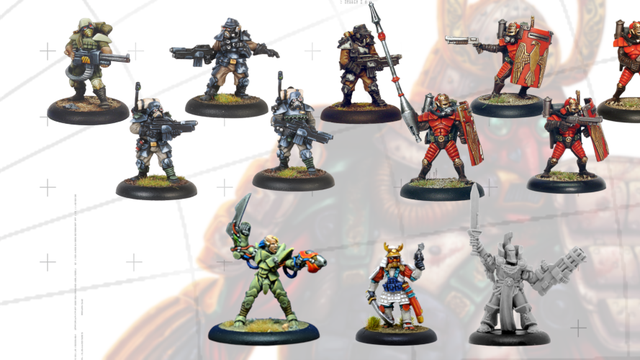A collection of miniature figures showcases two new additions to the webshop. The top row features several armored warriors, including a fierce warrior from the Leviathan Classic Range, who channels Earthpower, and multiple Convict Auxilia in red armor, equipped for close combat. The bottom row includes a diverse array of characters, such as a figure in green with a bow, a samurai-inspired warrior, and a gray figure wielding a large weapon, all set against a subtle background.