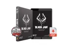 Black hardcover book and tablet displaying the cover of "Black Jam." The book is upright with its spine visible on the left, showing the title "Black Jam" and the logo for "MÖRKEN BLAST." The cover features a white illustration of three jagged, tower-like structures against a black background. Below the illustration, white text reads: "BLACK JAM A Post-Apocalyptic OSR Adventure."

To the left of the book, a round sticker reads: "PRINTED BY DRIVETHRURPG."

The tablet screen mirrors the book cover design, also showing the "Black Jam" title and the same illustration. A red arrow points from the book toward a PDF icon on the right side of the image, indicating a digital file format. The PDF icon is labeled "PDF" in white text on a red background.