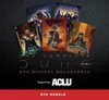 A collection of digital covers for the Dune RPG Megabundle is displayed, featuring various characters and scenes from the Dune universe. The covers include vibrant artwork showcasing elements like sandworms, desert landscapes, and iconic characters, all set against a dark textured background. At the bottom, a red banner states "Supporting: ACLU" alongside the title "THE COMPLETE DUNE RPG DIGITAL MEGABUNDLE."