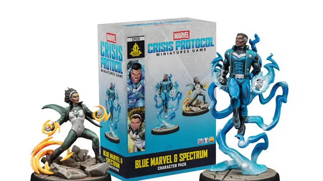 A character pack for the Marvel: Crisis Protocol game features two dynamic miniatures: Blue Marvel, depicted in a blue and black suit with energy effects around him, and Spectrum, shown in a black and white suit with a star emblem, holding an energy orb. The pack is displayed alongside its colorful box, which includes artwork of both characters and the title "BLUE MARVEL & SPECTRUM CHARACTER PACK." The background includes rocky terrain, enhancing the superhero theme.