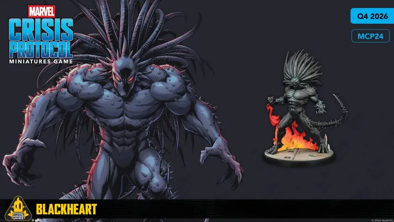 A muscular character named Blackheart stands prominently, featuring a dark, spiky appearance with long, menacing tendrils extending from his head and back. His skin is a deep gray, and his eyes glow red, adding to his intimidating presence. The background is dark, emphasizing the character's fierce design, while the title "BLACKHEART" is displayed in bold yellow text at the bottom.
