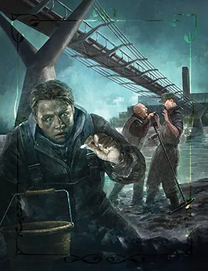 A man in a dark coat and cap, covered in grime, reaches out with one hand while holding a lantern in the other. Behind him, two other men in similar attire stand near a large industrial structure with metal beams and machinery, under a dim, greenish light. The setting appears to be a damp, underground or industrial area with water on the ground.