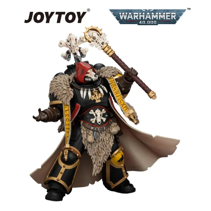 A stylized action figure of a character in ornate, dark armor with a red helmet featuring a skull-like design. The figure wears a fur-lined cape and holds a large, intricate staff with a skeletal top. The armor includes gold accents, a belt with pouches, and a sash with yellow text. The background is plain white. In the top left corner, the text "JOYTOY" is visible. In the top right corner, the text "WARHAMMER 40,000" is displayed on a blue and silver banner.