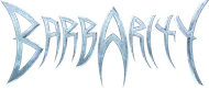 The image features the title "Barbarity" rendered in a stylized, metallic font that resembles jagged ice or steel. The letters are sharp and angular, with a slight sheen, suggesting a fierce and adventurous theme. The overall color scheme is predominantly silver with hints of blue, evoking a sense of coldness and strength. The design conveys a bold and dynamic aesthetic, fitting for a card game centered around barbarian warriors and epic battles.