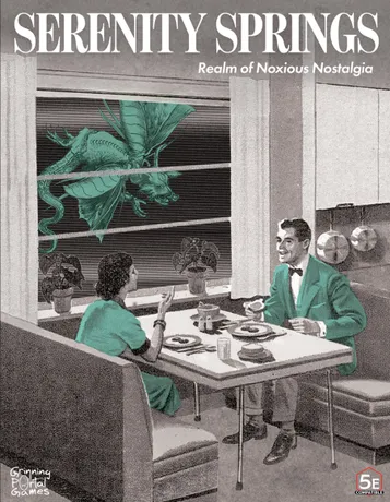 A 1950s couple dining at a table with a large insect outside the window.