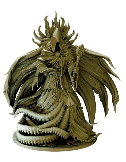 A winged figure with a spiked crown, holding a staff, standing on a coiled serpent base.