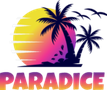 A vibrant logo for "Paradice" features a stylized sunset with a gradient of yellow to pink, set against a dark blue silhouette of palm trees. The word "PARADICE" is prominently displayed in bold, colorful letters at the bottom, blending shades of pink and orange. The overall design evokes a tropical and inviting atmosphere, perfect for a board game convention.