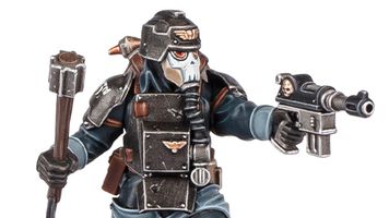 A detailed miniature figure of a Death Korps of Krieg Combat Engineer, wearing a dark uniform and a distinctive helmet with a skull motif. The figure is equipped with various tools and weapons, including a pistol in one hand and a device in the other. The overall color scheme features dark tones with metallic accents, emphasizing the character's militaristic design.