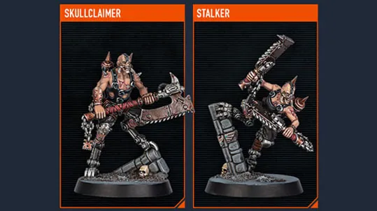The image features two miniatures from the upcoming Kill Team expansion. On the left is the Skullclaimer, a muscular figure adorned with spikes and chains, wielding a large, menacing axe. On the right is the Stalker, posed dynamically with a weapon raised, showcasing intricate details and a fierce expression, standing on a base that includes skulls and debris. Both miniatures reflect the chaotic and aggressive aesthetic typical of the Goremongers faction.