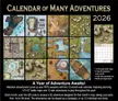 A visually striking calendar titled "Calendar of Many Adventures 2026" features a grid layout showcasing twelve 12"x12" battle maps, each representing different fantasy settings suitable for tabletop RPGs. The maps include a variety of environments such as a ship, a forest, and a river, with intricate details that highlight Loke Battle Mats' signature quality. The bottom section includes promotional text emphasizing the calendar's features, including a new 5E adventure each month and a month-per-page layout for October, along with a QR code for accessing the adventures.