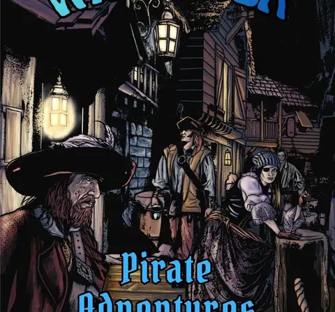 Dark alley at night with cobblestone street. Four characters: pirate with wide-brimmed hat and beard, pirate with tricorn hat, woman in lace dress with bonnet, and another woman in cloak. Lanterns illuminate the scene. Text reads: "Pirate Adventures."