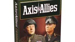 A box for "Axis & Allies: Commanders" features a striking illustration of two historical military leaders. On the left, a U.S. General in a uniform adorned with medals and a helmet, and on the right, a German Field Marshal in a dark uniform with distinctive insignia. The title "Axis & Allies" is prominently displayed at the top, with "COMMANDERS" in bold gold letters at the bottom, and a small age recommendation of "14+" in the lower corner. The background is a gradient of warm colors, enhancing the dramatic presentation.