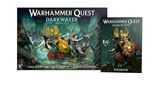 The image features the box art for "Warhammer Quest: Darkwater," showcasing a dynamic scene of heroes engaged in battle against various foes in a dark, murky environment. Prominent characters include a knight with a lion-emblazoned shield, a warrior wielding a spear, and a female character with flowing hair, all set against a backdrop of ominous creatures and ruins. To the right, the rulebook is displayed, featuring similar artwork and the title "Warhammer Quest: Darkwater."